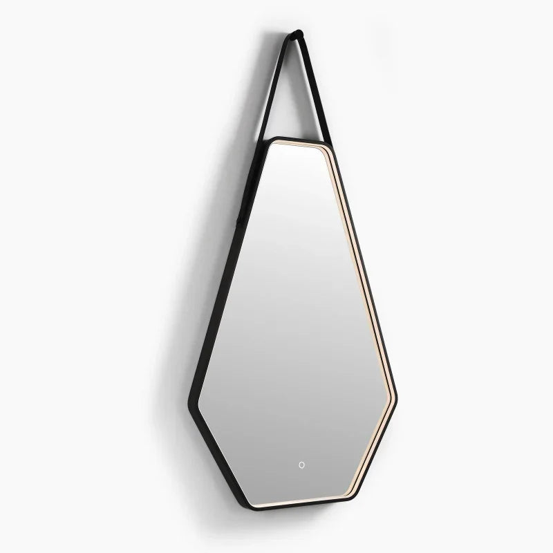 Taurus Irregular bathroom mirror with light, 44x28 inches, luxury LED wall mirror, anti-fog, dimmable, leather hanging rope