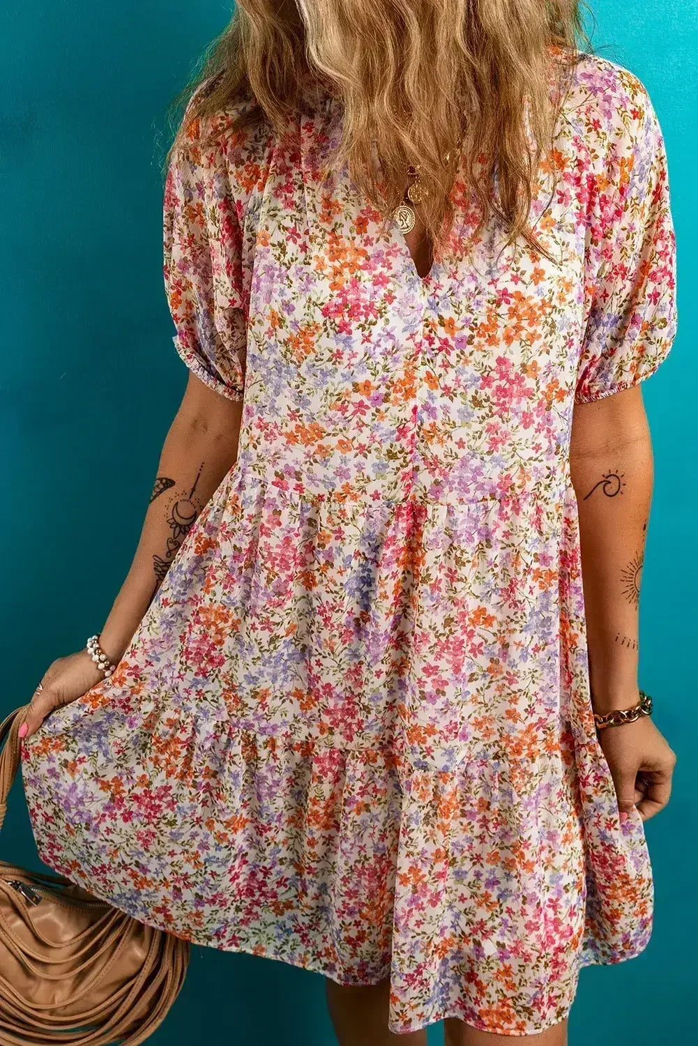 Red Floral Print Notched V Neck Puff Sleeve Tiered Mini Dress