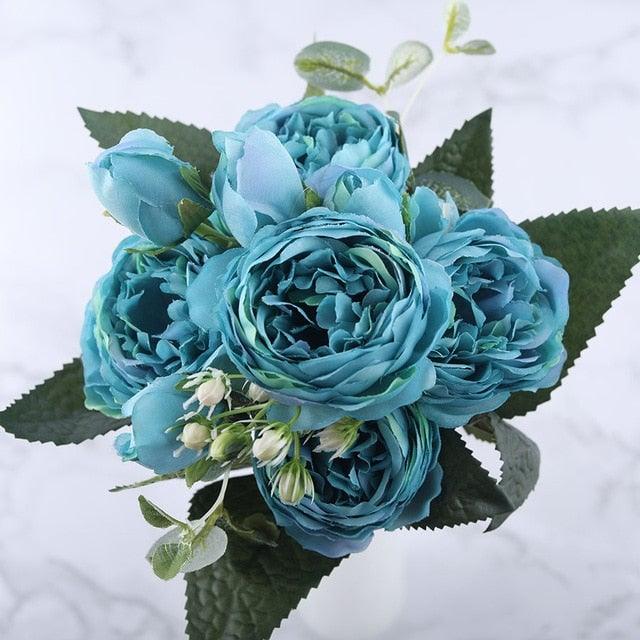 30cm Rose Pink Silk Peony Artificial Flowers Bouquet 5 Big Head and 4 Bud Bride Wedding Home Decoration Fake Flowers Vintage Artificial Peony Silk Flowers Bouquet Home Wedding Decoration