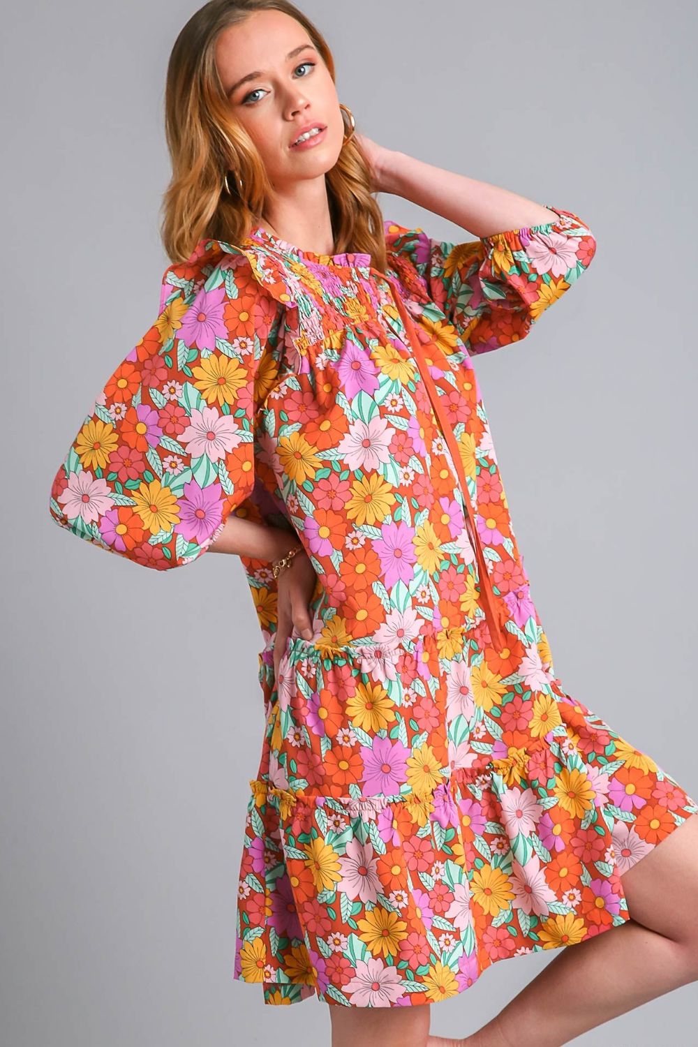 Full Size Ruffled Flower Print Tie Neck Tiered Dress For Women – Fluttering, Floral Tiered Dress with Elegant Tie Neck and Ruffled Details