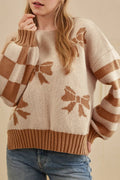 Straw Yellow Striped Checkered Sleeves Bow Print Knit Sweater