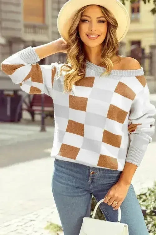 Checkered Drop Shoulder Sweater - Khaki Knit | Femstylo