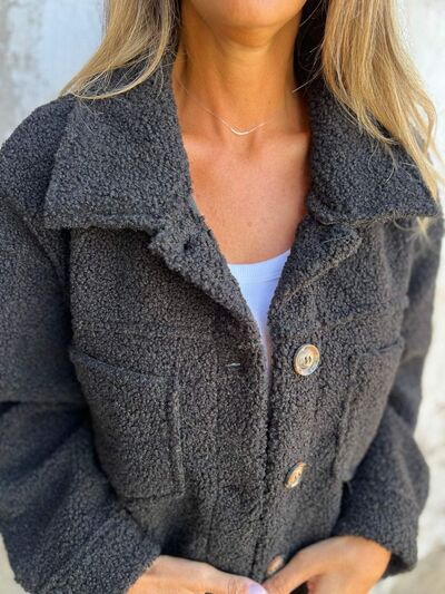 Comfortable Modern Women Full Size Fuzzy Button-Up Jacket with Drop Shoulder and Pockets