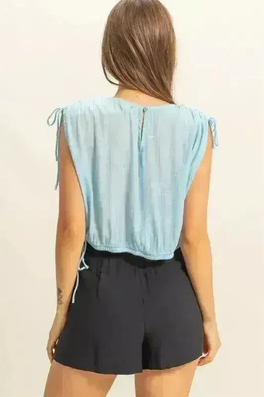 HYFVE Bubble Hem Side Tie Detail Round Neck Sleeveless Blouse