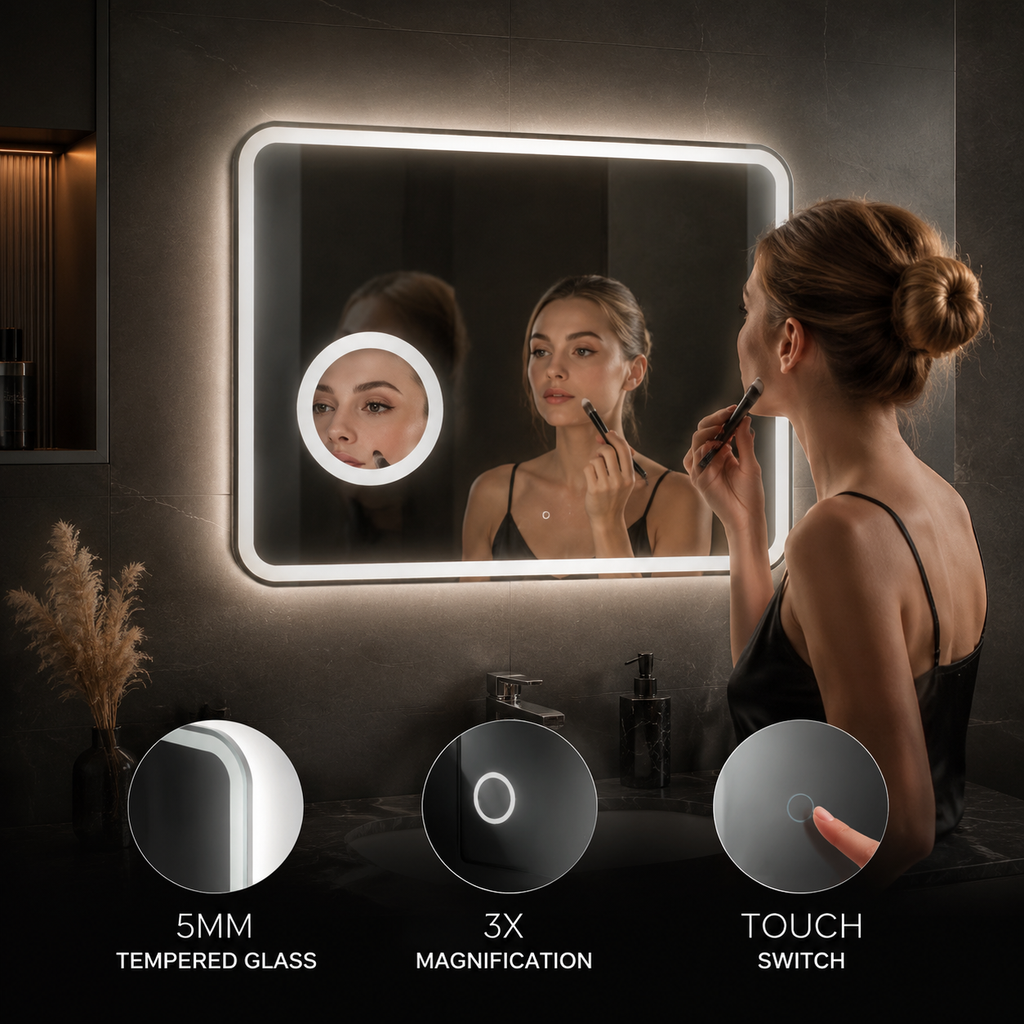 Crater LED Bathroom Mirror, Front Backlight, Touch Switch, 3x Magnifying Glass, Tri-color Dimmable, 5mm Tempered Glass, Anti-fog, Horizontal Wall Mount Only