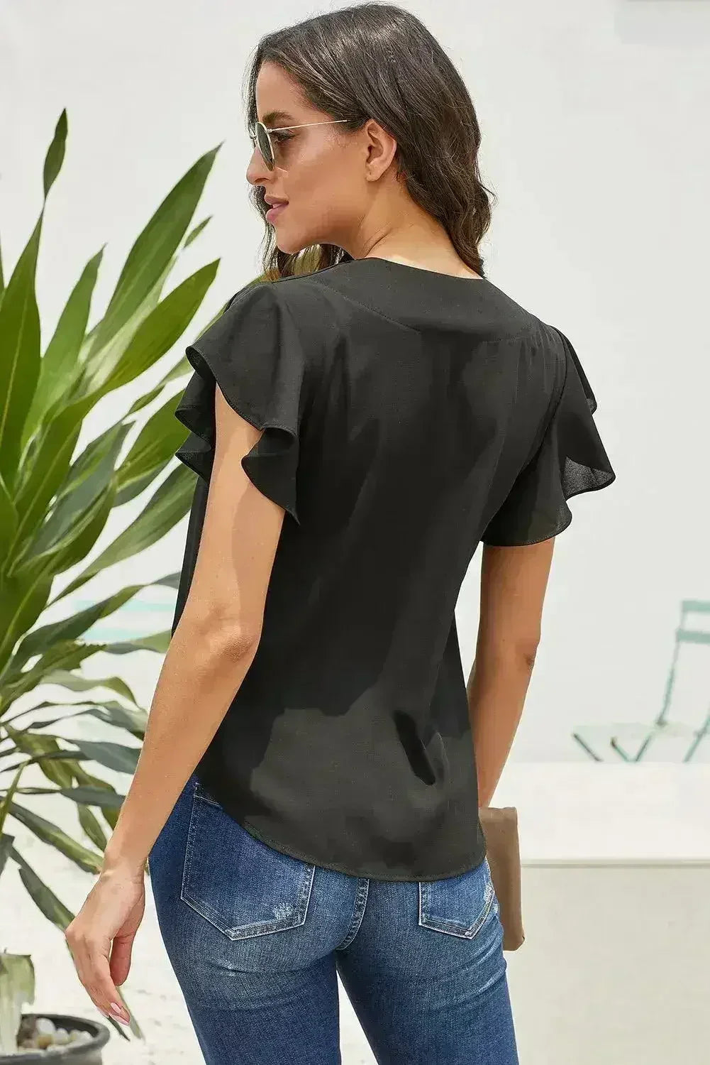 Black Button Down Tie Top - Casual V-Neck Blouse | Femstylo