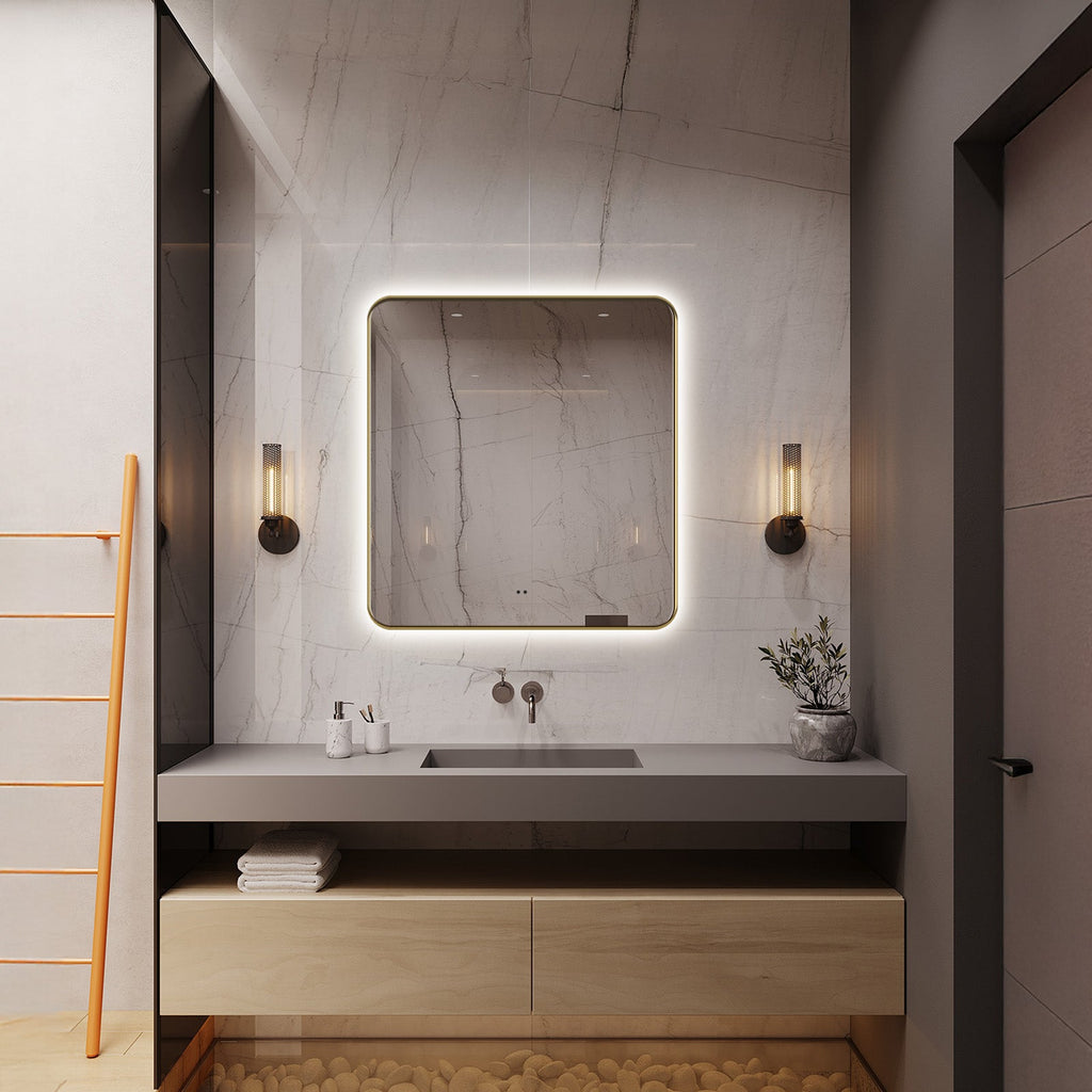 Delphinus Rectangle LED Bathroom Mirror with Lights, Brushed Blonde Metal Framed LED Mirror for Bathroom, 3 Colors and Stepless Dimmable, Anti-Fog