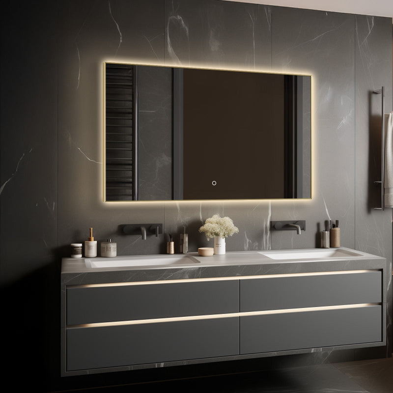 Apus Brushed Blonde LED Bathroom Mirror, Backlit, Aluminum Profile, Tri-Color Adjustable, Stepless Dimming, Anti-Fog