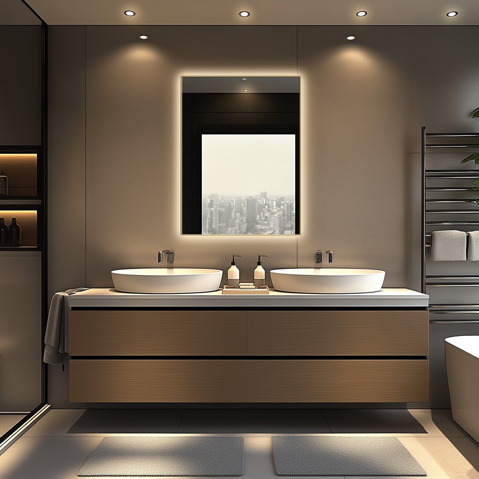 Apus Brushed Blonde LED Bathroom Mirror, Backlit, Aluminum Profile, Tri-Color Adjustable, Stepless Dimming, Anti-Fog