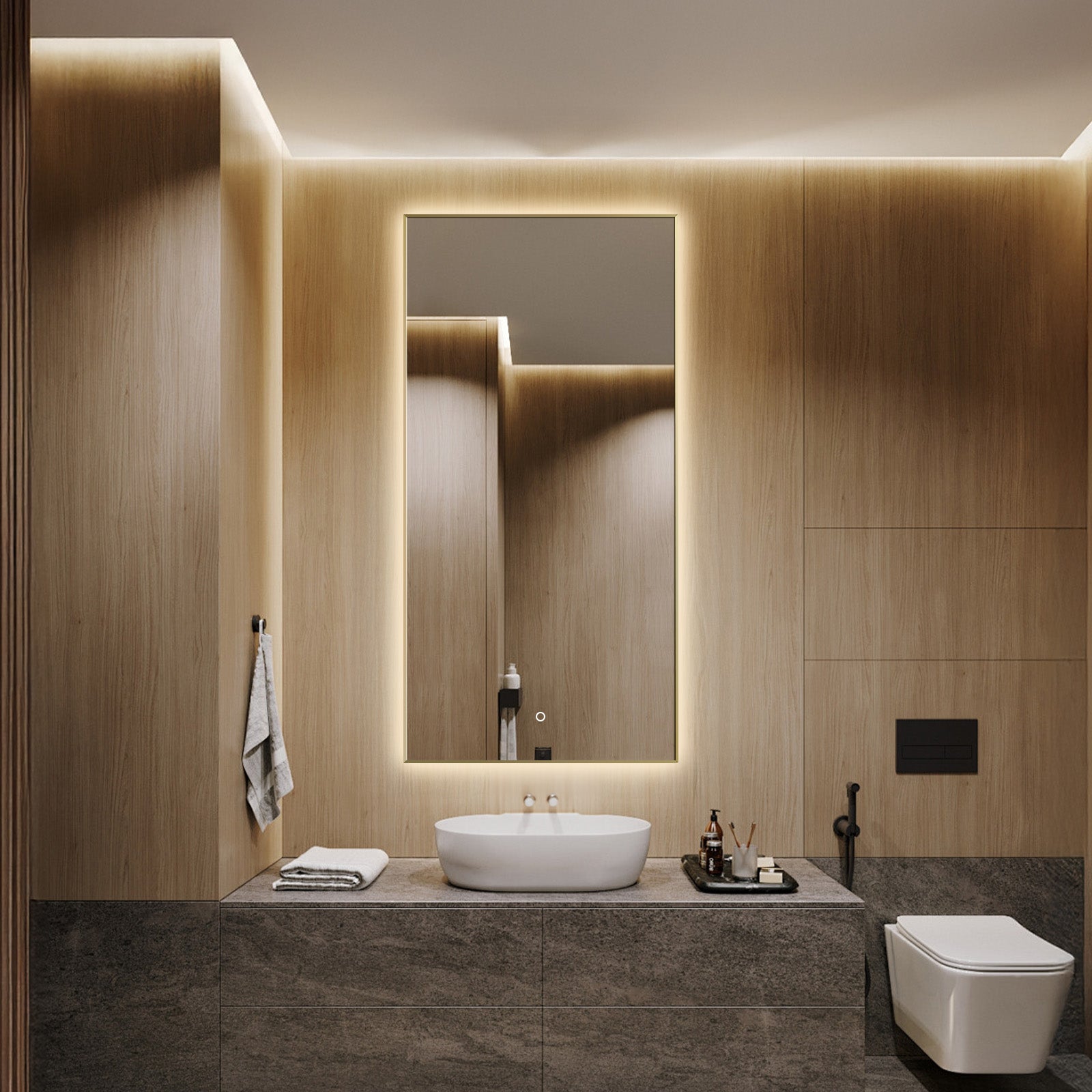 Apus Brushed Blonde LED Bathroom Mirror, Backlit, Aluminum Profile, Tri-Color Adjustable, Stepless Dimming, Anti-Fog