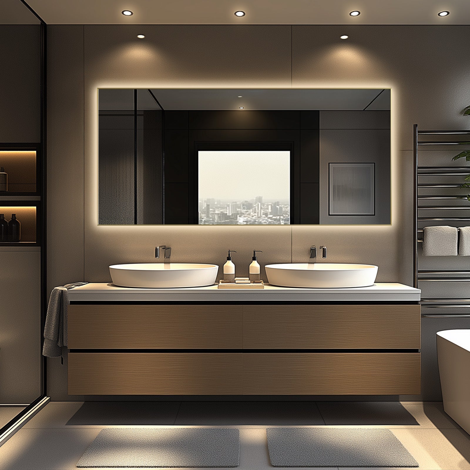 Apus Brushed Blonde LED Bathroom Mirror, Backlit, Aluminum Profile, Tri-Color Adjustable, Stepless Dimming, Anti-Fog