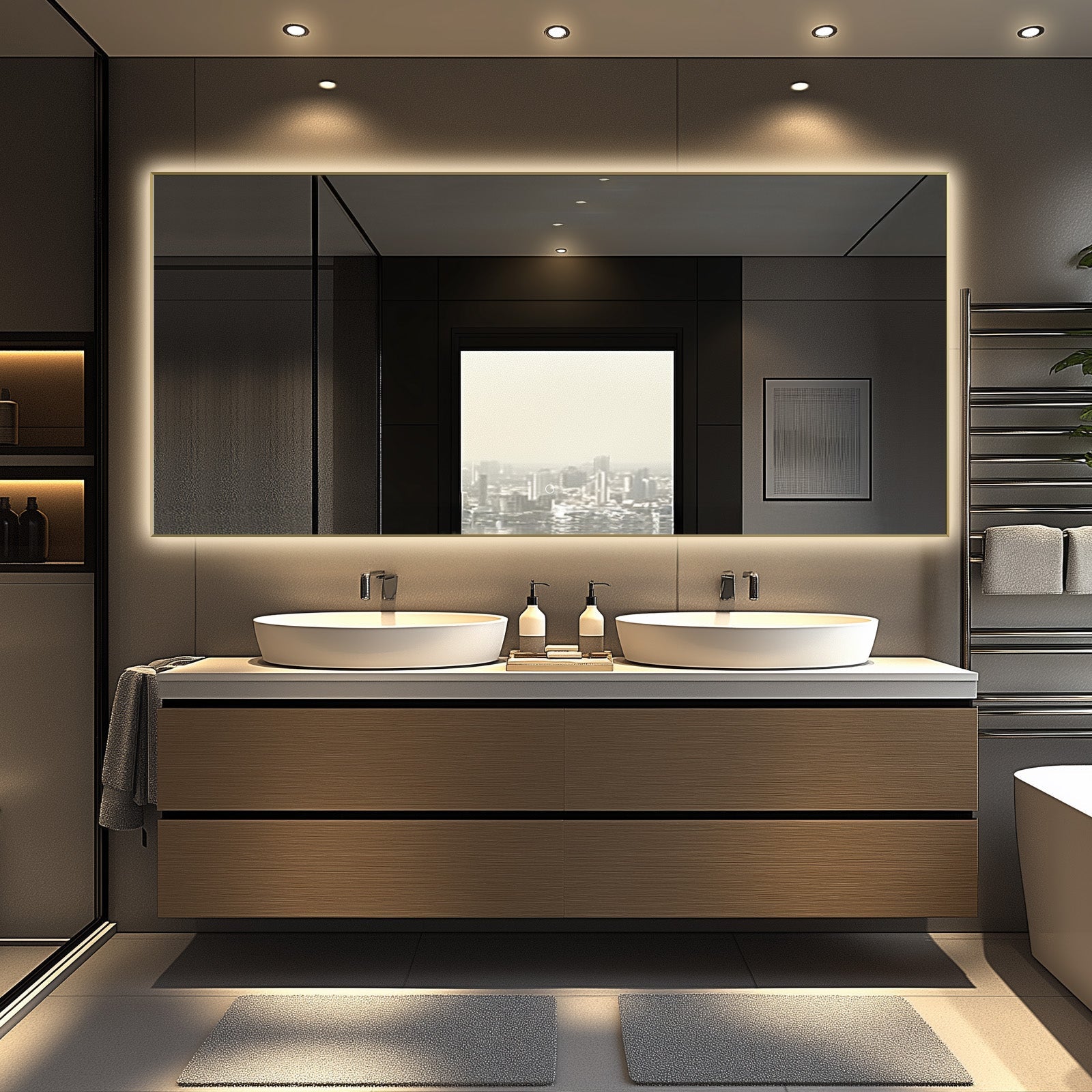 Apus Brushed Blonde LED Bathroom Mirror, Backlit, Aluminum Profile, Tri-Color Adjustable, Stepless Dimming, Anti-Fog