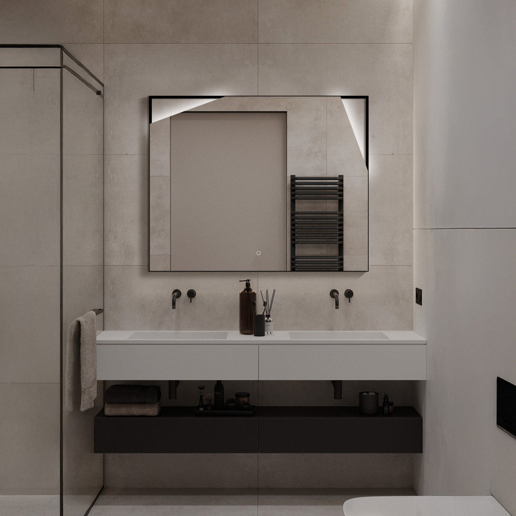 WhimsMirror LED Lighted Mirror with Touch Switch, Irregular Cutout Design, Modern Rectangular LED Bathroom Mirror, Matte Black