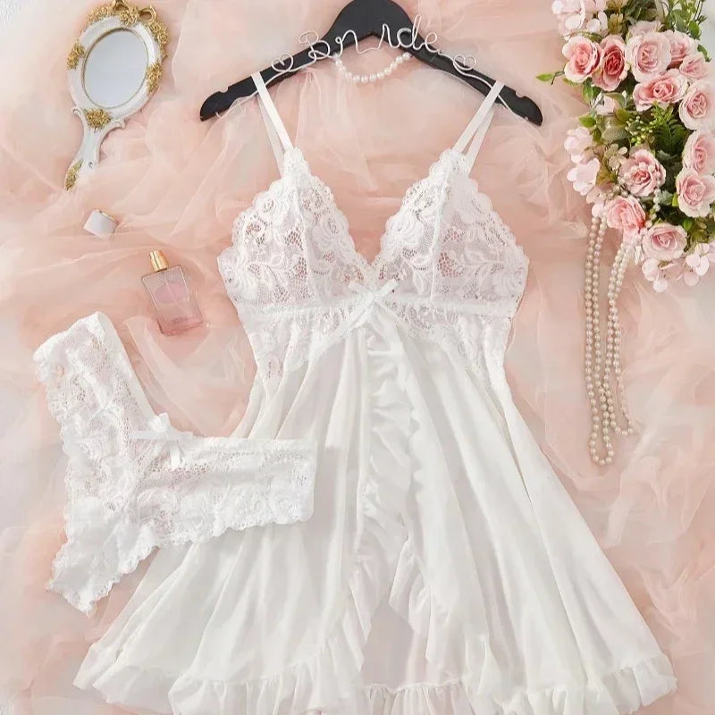 Sexy Lingerie Set Women Erotic Bra Nightdress Sexy Lace Sleepwear Solid Slim Soft Dresses V Neck Full Slip Sleepwear & Dresses