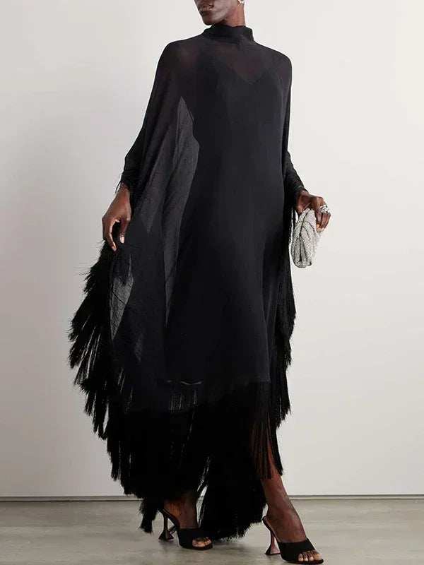 Yeezzi 2025 New Spring Fashion See-Through Tassel Party Dresses Women Batwing Sleeves Solid Color High-Neck Two Piece Set Dress