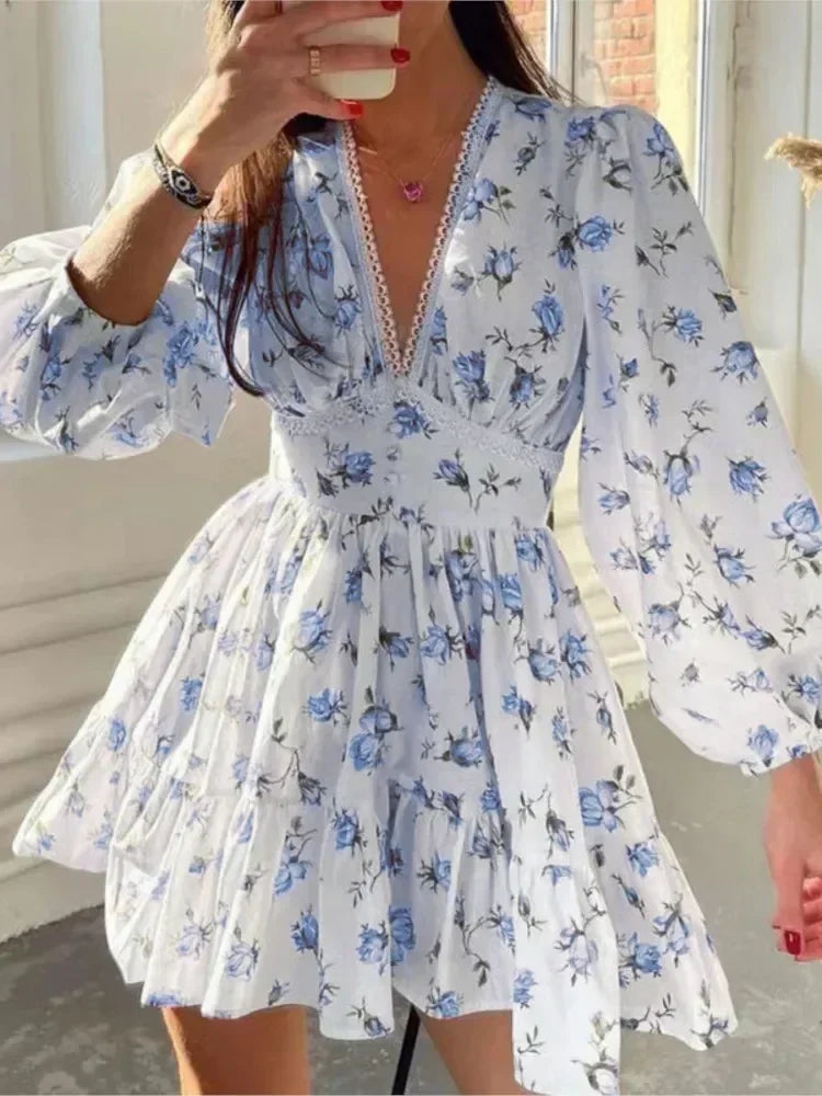 Spring Women's New Temperament Sweet Fashion Print Sexy V-neck Lace Lantern Sleeves High Waist Short A-line Dress