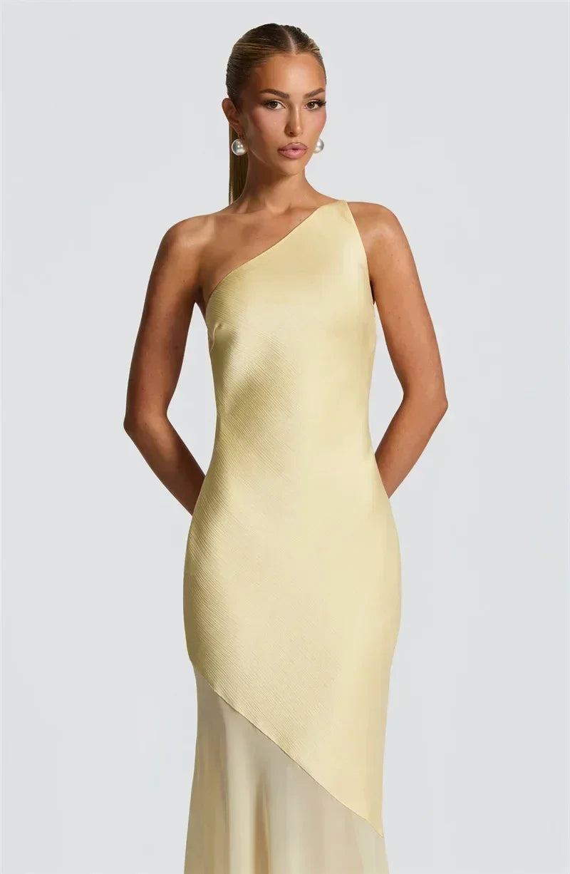 Mozision One Shoulder Backless Sexy Maxi Dress Women Gown Fashion Patchwork Sleeveless Bodycon Club Party Long Dress Elegant