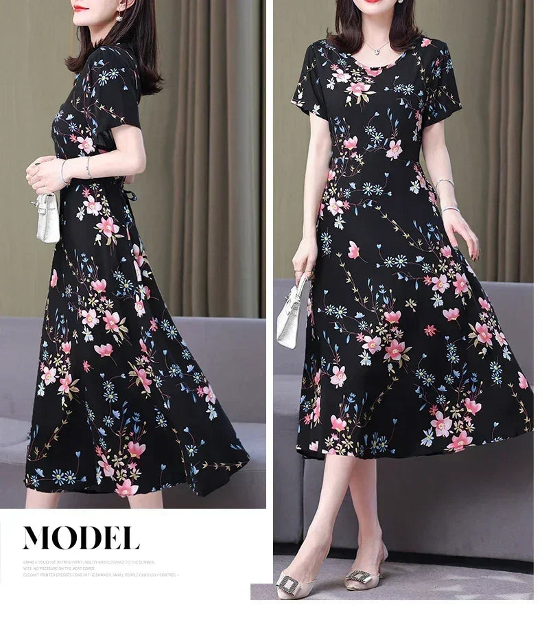 New Fashion Casual 2024 Summer Elegant Dresses For Women O-Neck Print Vintage Short Sleeve Dress Loose Women Clothing