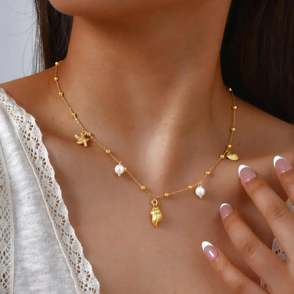 18k Gold Plated Pearl Shell Conch Starfish Summer Beach Necklace, Charms Necklace for Women,Stainless Steel Waterproof Jewelry