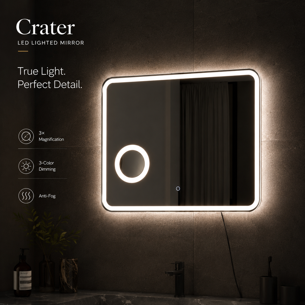 Crater LED Bathroom Mirror, Front Backlight, Touch Switch, 3x Magnifying Glass, Tri-color Dimmable, 5mm Tempered Glass, Anti-fog, Horizontal Wall Mount Only