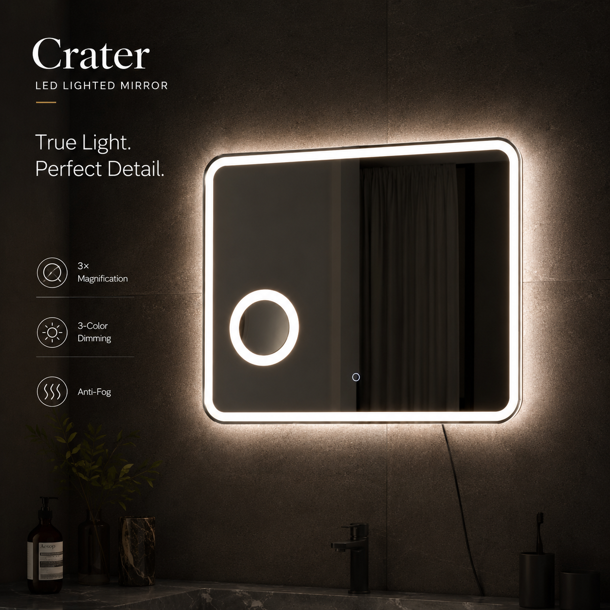 Crater LED Bathroom Mirror, Front Backlight, Touch Switch, 3x Magnifying Glass, Tri-color Dimmable, 5mm Tempered Glass, Anti-fog, Horizontal Wall Mount Only