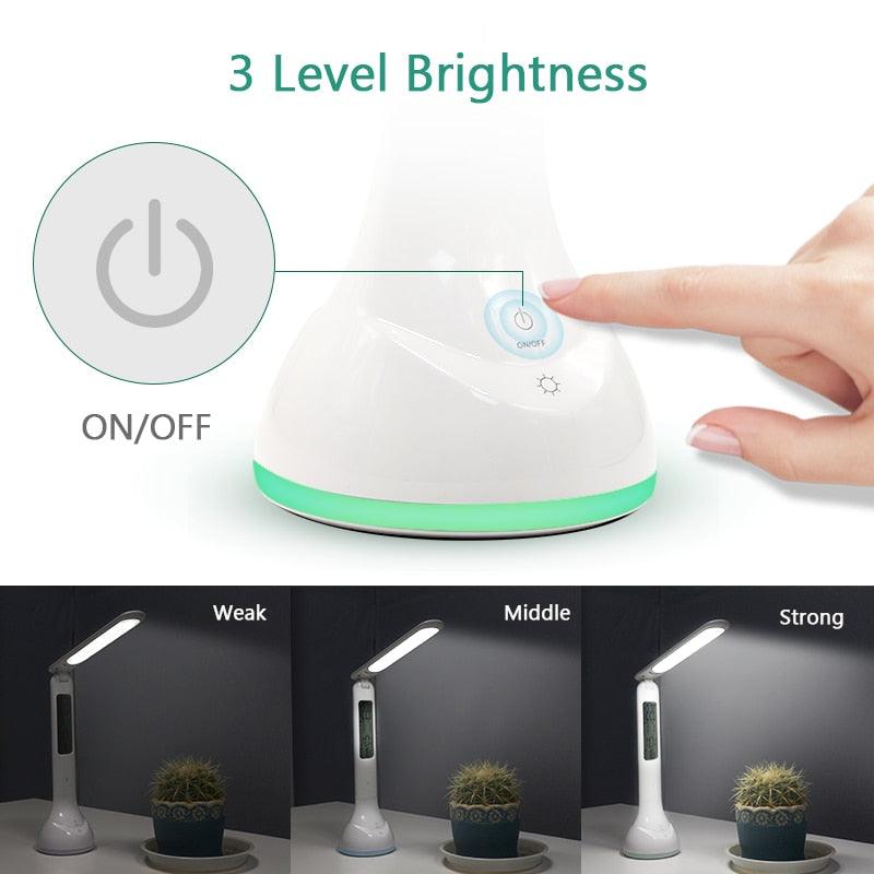 LED Desk Lamp Foldable Dimmable Touch Rechargeable Table Lamp with Calendar Temperature Alarm Clock Decorative Table Lamp Cute Study Lamps for Bedroom Décor