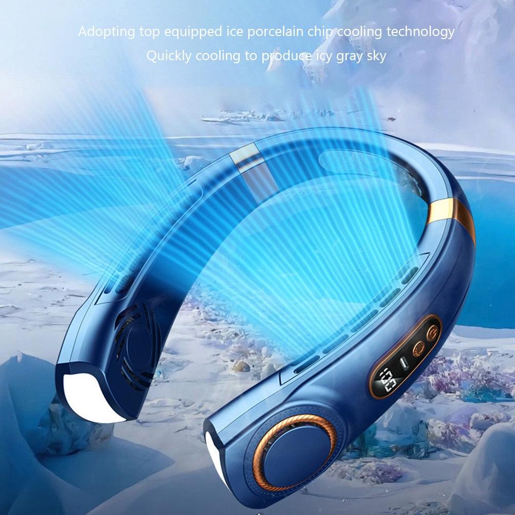 Portable Neck Fan USB Handheld Mute LED Digital Display Leafless Mini Electric Fan Colorful Atmosphere Lights 5th Gear For Rechargeable Personal Wearable Fan with Colorful Flashlight LED Digital Display And Low Noise