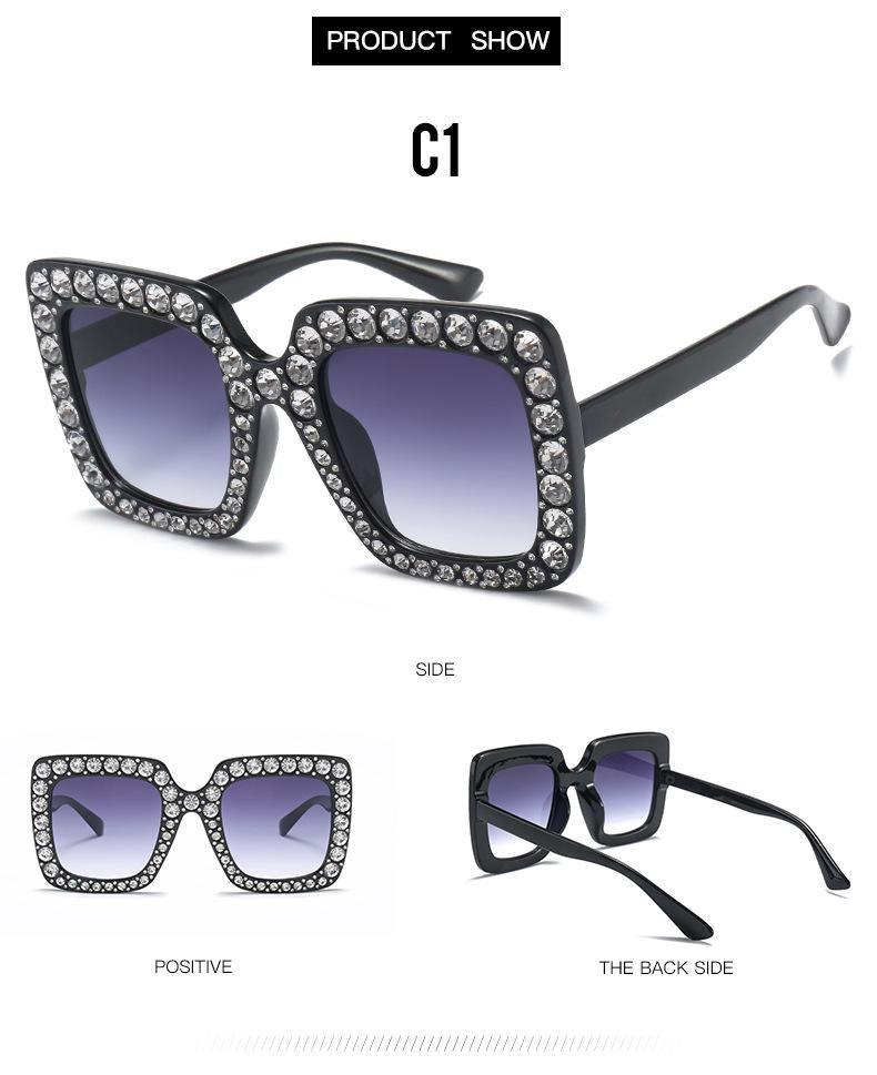 Oversized Sunglasses Square Diamond Sunglasses Women Retro Sunglasses Luxury & Diamond Square Shape Sunglasses For Women Branded Attractive Any Size Crystal Sun Glasses For Ladies Gradient Classic Mirror & Decent Shades