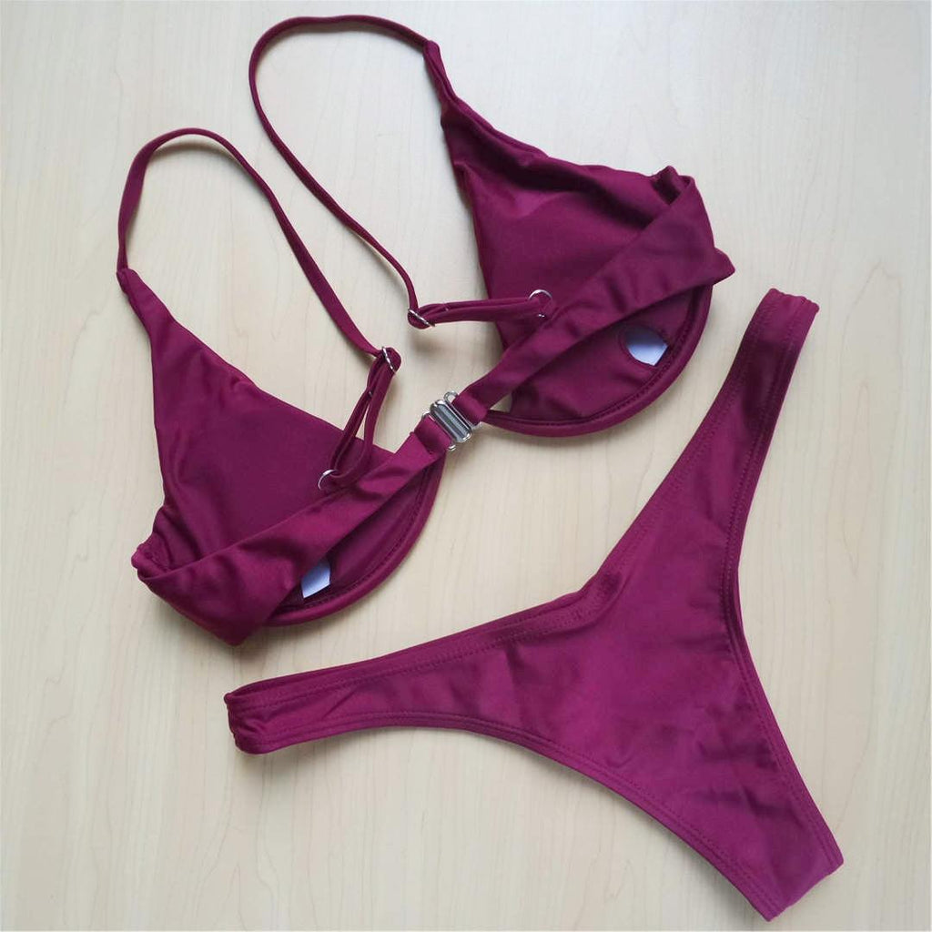 Underwired Bikini Female Swimsuit Women Swimwear Two-Piece V Shape Wire Bikini Set Bather Bathing Suit Women Micro Bikini Set Shiny Metallic 2 Piece Swimsuit Push Up Underwire Swimwear Bathing Suit