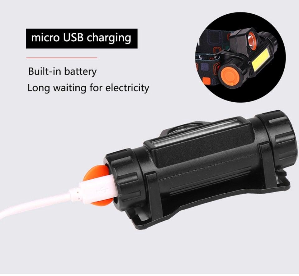 Waterproof 2 Light Mode USB LED Headlight With Magnet Rechargeable Headlamp Built-in 18650 Battery Flashlight  COB Work Light For Outdoor Camping Cycling Fishing Headlamp Flashlight